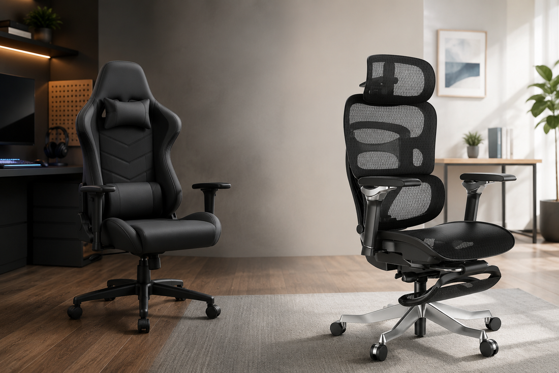 Side-by-side comparison of a gaming chair and Reiko ergonomic office chair, which is better for long work hours