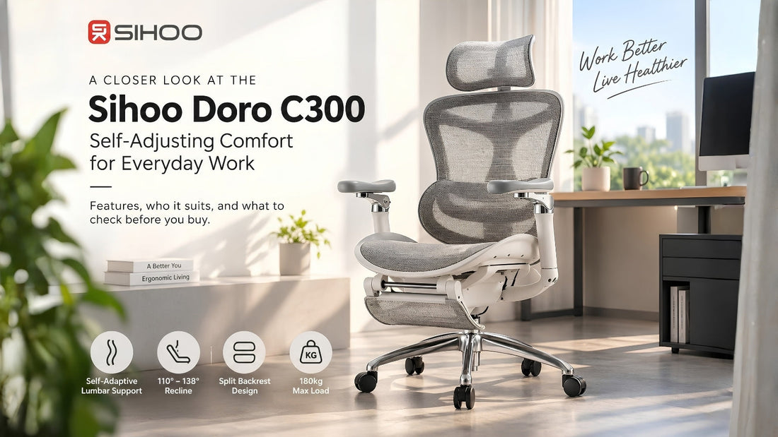 Sihoo Doro C300 review Malaysia: white C300 with pedal footrest, self-adaptive lumbar and split backrest