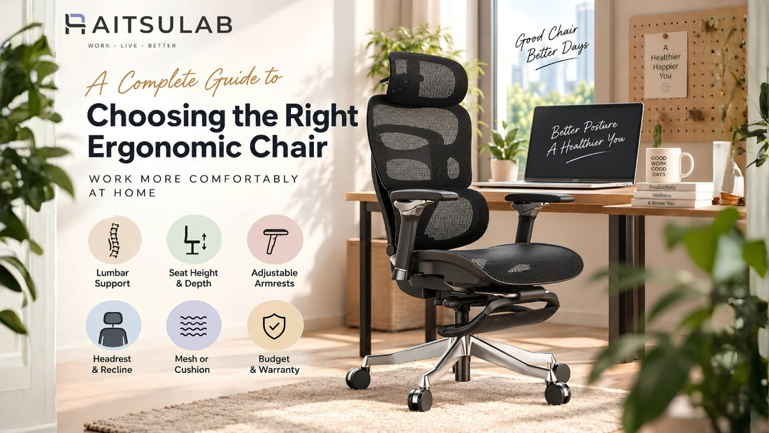 Panduan memilih kerusi ergonomik untuk kerja dari rumah, dengan kerusi mesh hitam di meja kerja