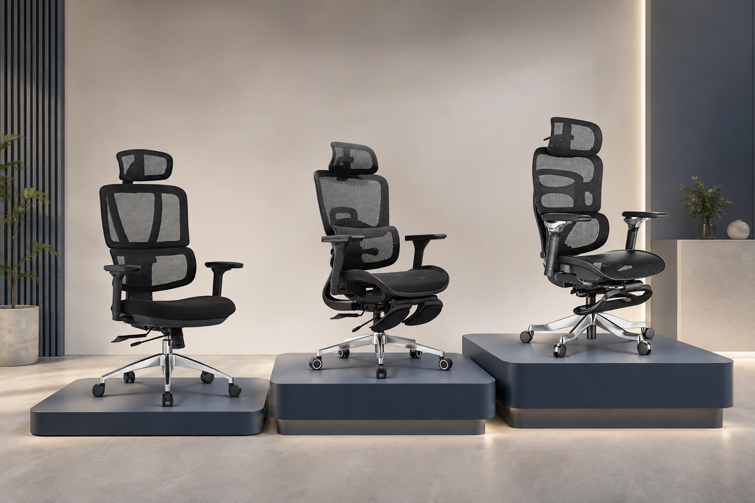 Reiko Elevate, Lumos and Aurelia ergonomic chairs displayed across different budget tiers for Malaysian office chair buyers.