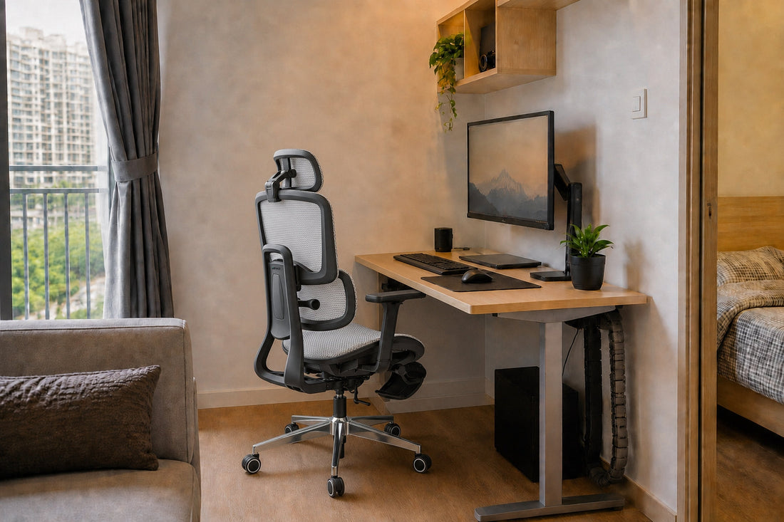 Ergonomic home office setup in a small Malaysian apartment featuring a Reiko Lumos chair and space-saving desk.