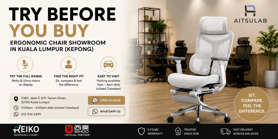 Aitsulab ergonomic chair showroom in Kepong, Kuala Lumpur — try Reiko and Sihoo chairs before you buy