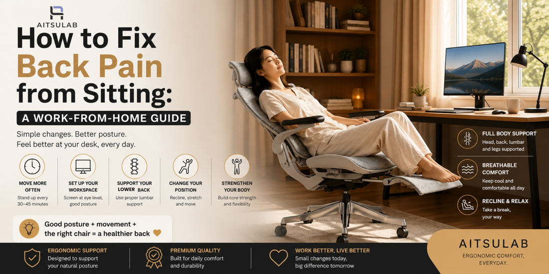How to fix back pain from sitting while working from home — woman relaxing in an ergonomic chair with posture tips