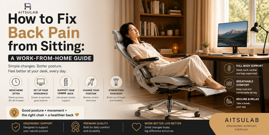 How to fix back pain from sitting while working from home — woman relaxing in an ergonomic chair with posture tips
