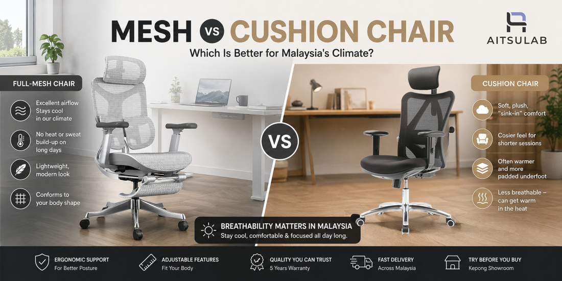 Mesh vs cushion office chair comparison for Malaysia's climate — breathability and comfort side by side