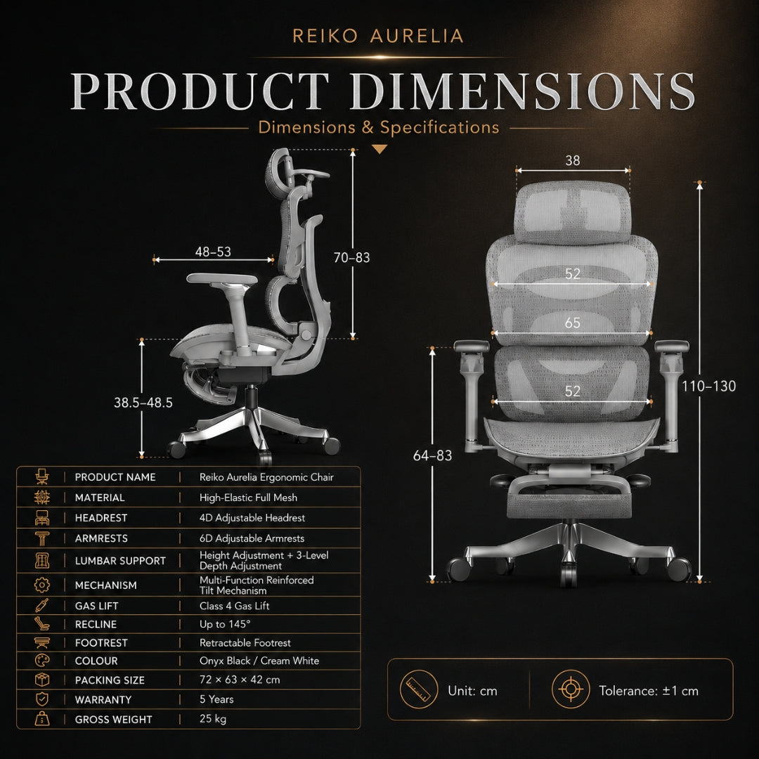 Reiko Aurelia ergonomic chair dimensions diagram showing height, width and depth measurements in cm