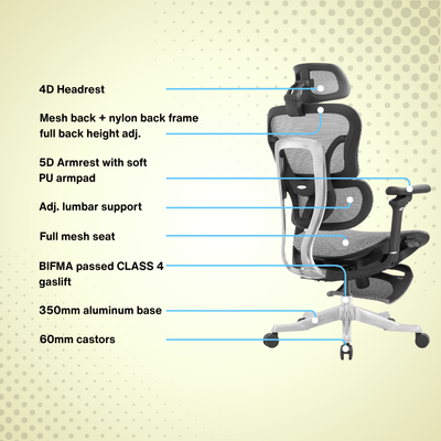 Reiko Orbit + Pedal Ergonomic Chair Full Mesh Chair - 5 Years Warranty (Office Chair, Adjustable Lumbar Chair, Sihoo)