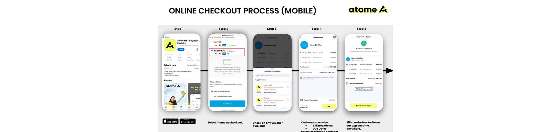 Atome online checkout process (mobile)