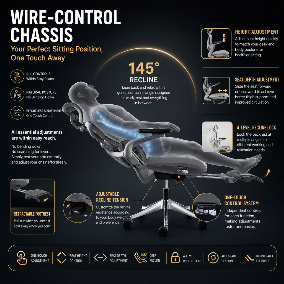 Reiko Apex ergonomic chair reclined to 145 degrees with footrest extended