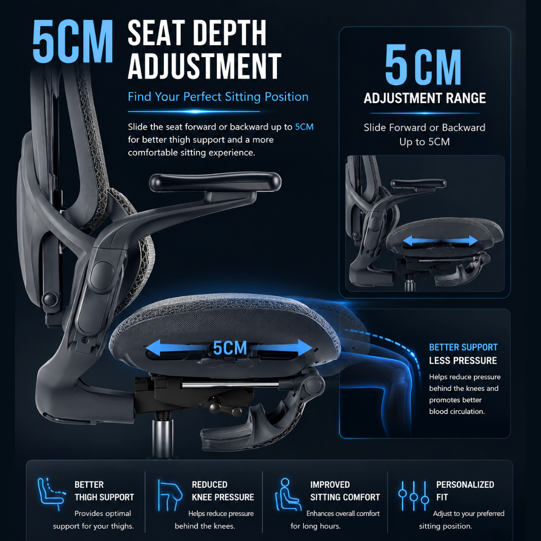 Reiko Apex seat with 5cm depth adjustment for leg support