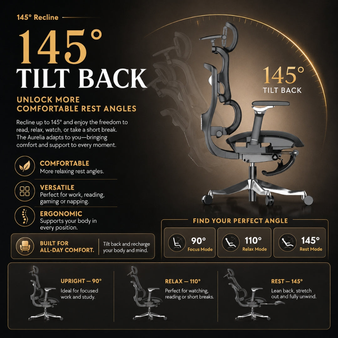 Reiko Aurelia chair reclined to 145 degrees, upright, relax and rest tilt positions