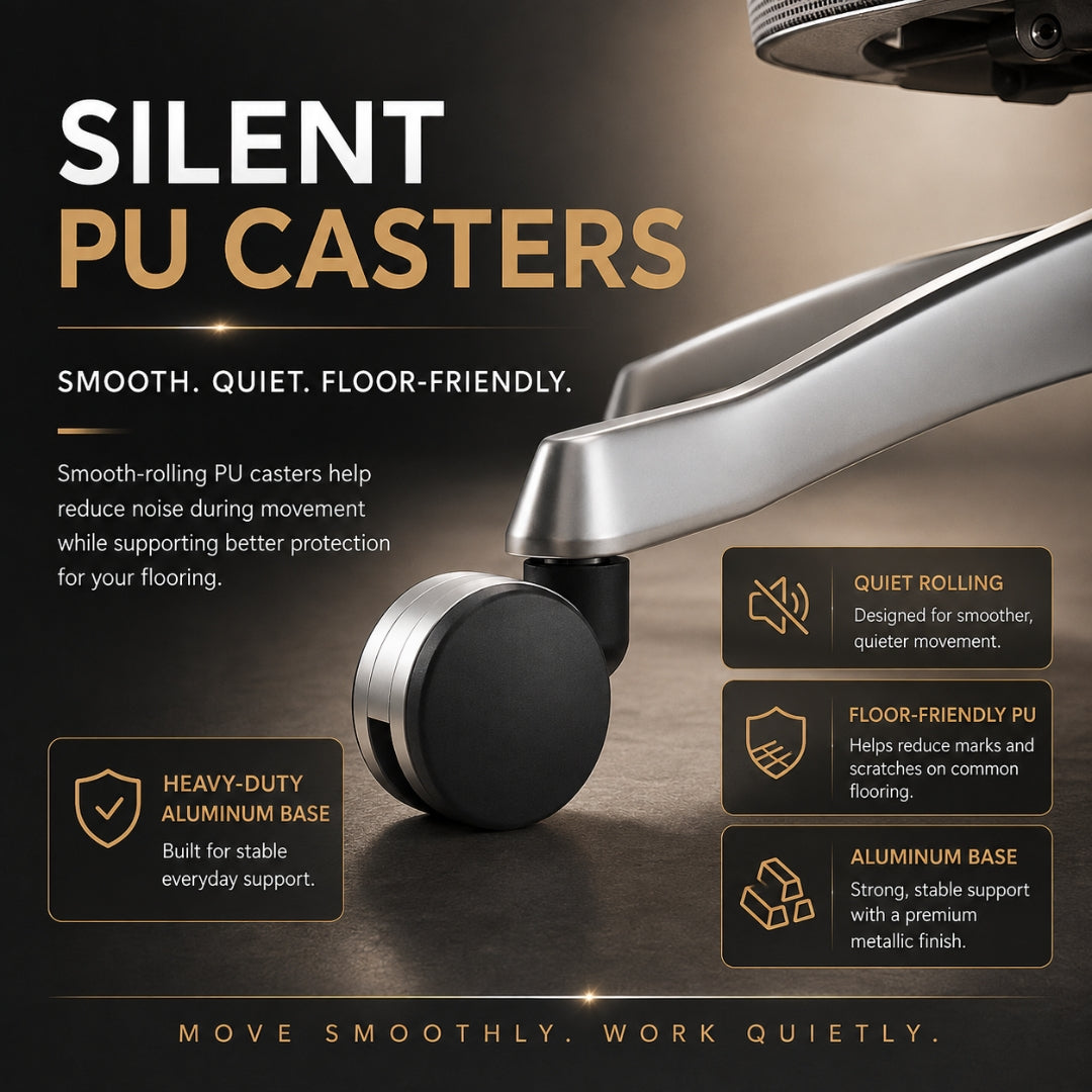 Reiko Aurelia silent PU caster wheels on heavy-duty aluminum base for smooth floor-friendly rolling