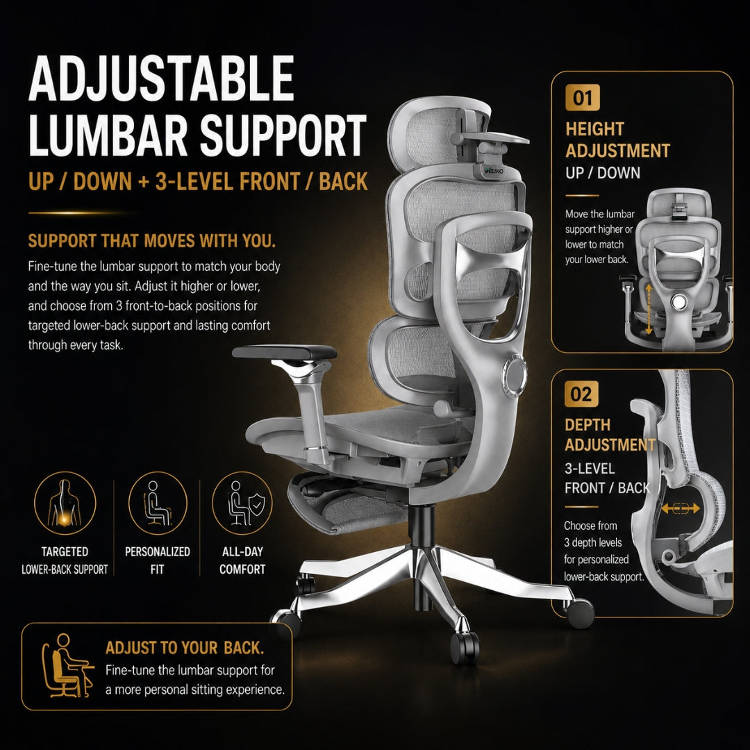 Reiko Aurelia ergonomic chair adjustable lumbar support, up-down and 3-level front-back depth
