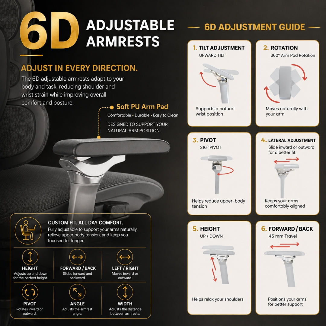 Reiko Aurelia 6D adjustable armrest with soft PU pad, tilt, rotation, pivot and height control