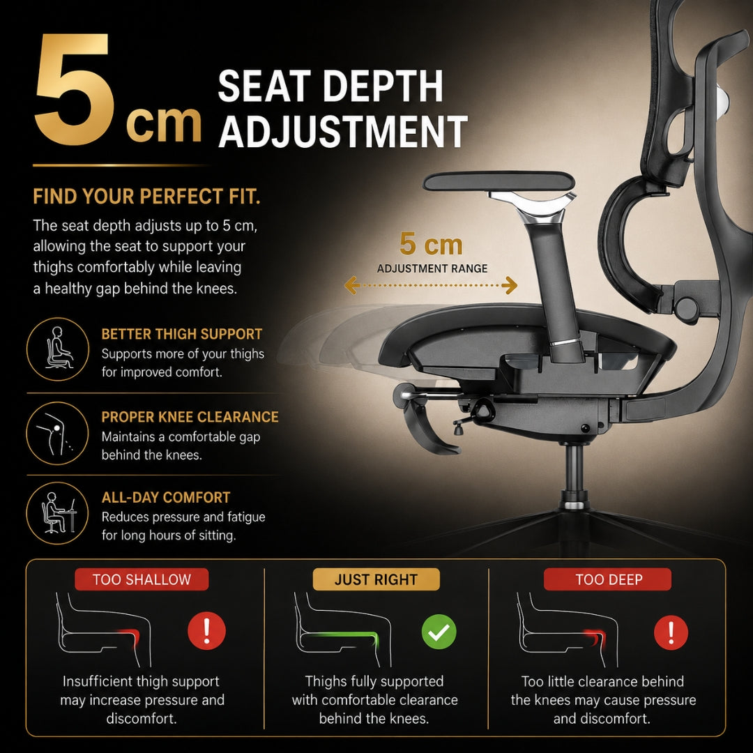 Reiko Aurelia seat depth adjustment up to 5cm for proper thigh support and knee clearance