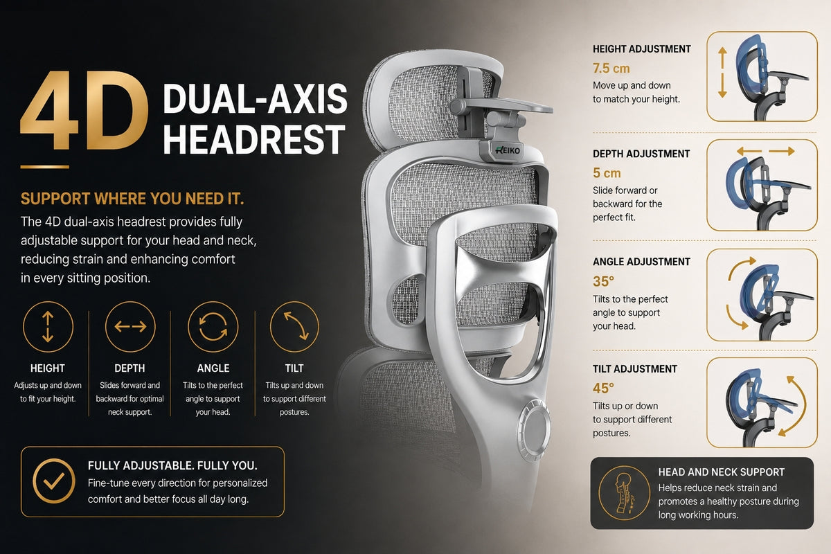 Reiko Aurelia 4D dual-axis headrest, adjustable height, depth, angle and tilt for neck support