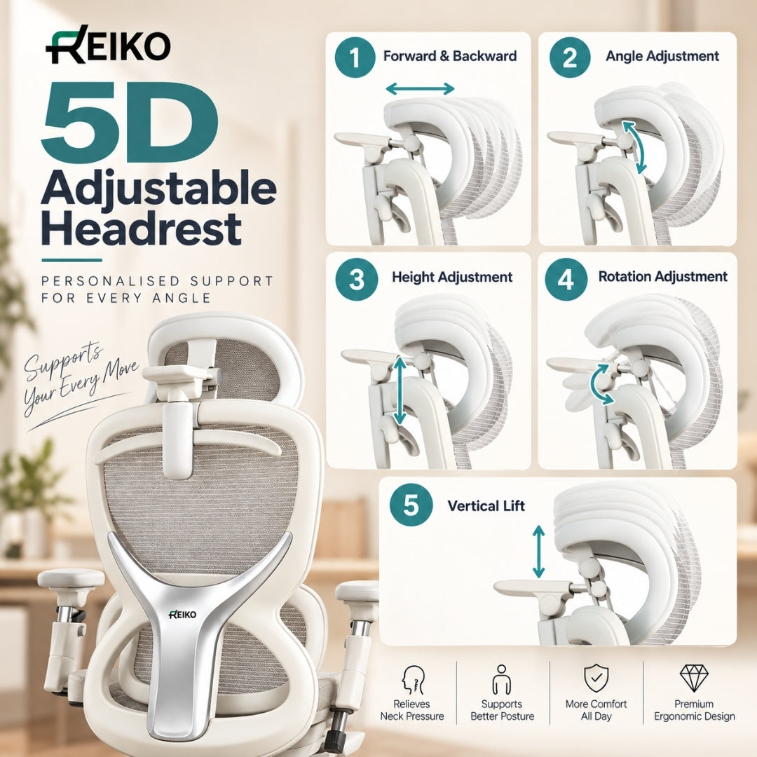 Reiko Elion 5D adjustable headrest – forward/backward, angle, height, rotation, vertical lift