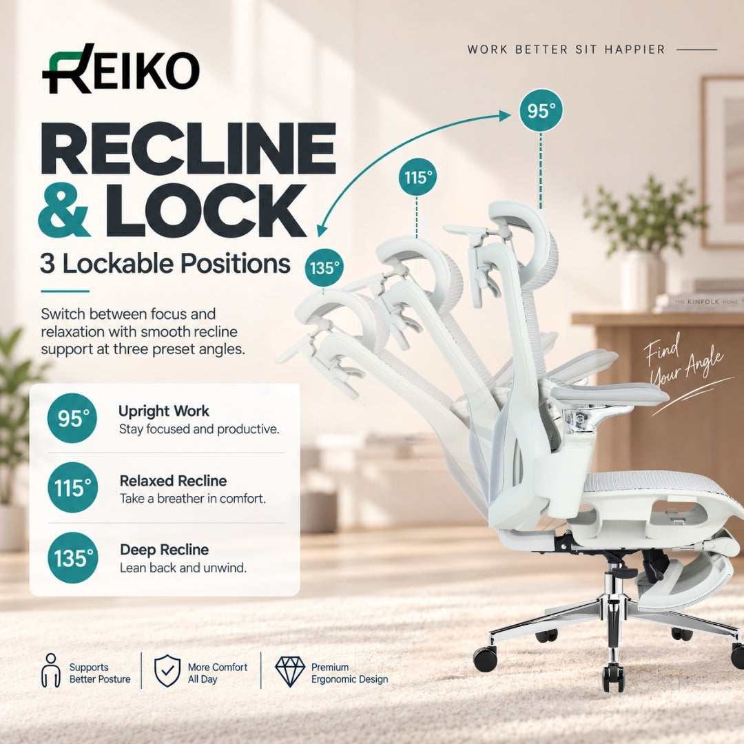 Reiko Elion recline and lock – 95°, 115°, 135° positions