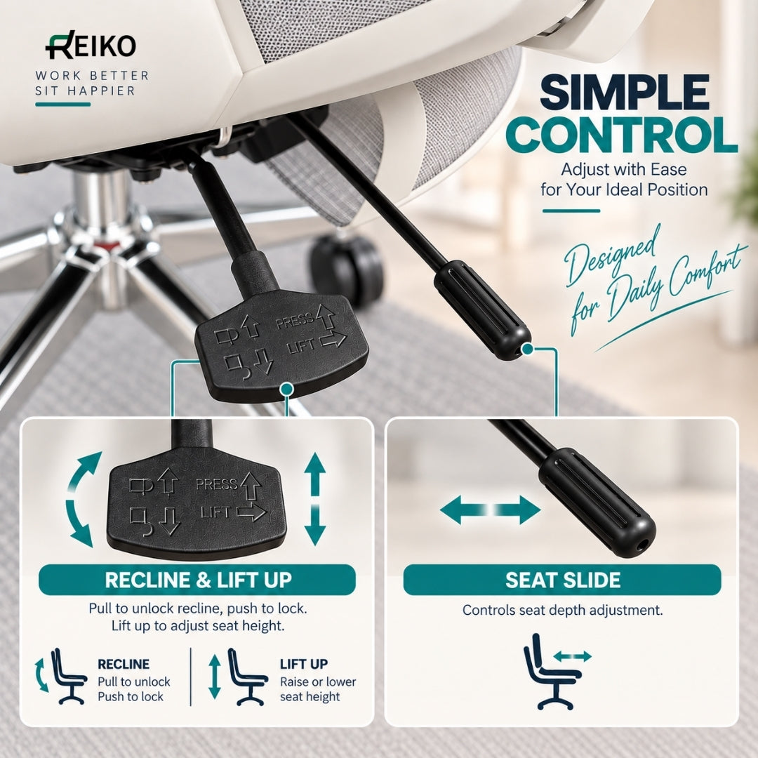 Reiko Elion smart control levers – recline lock, height lift, seat slide