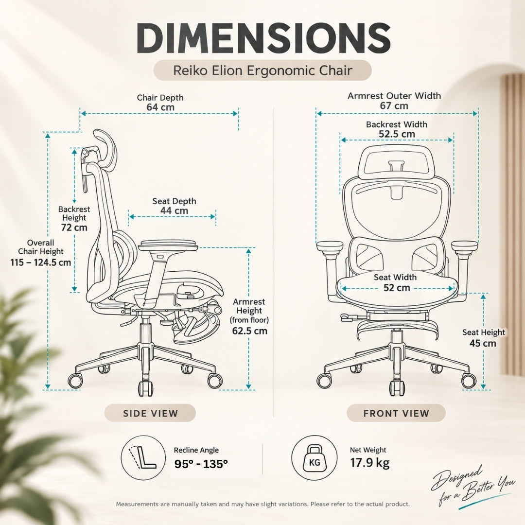 Reiko Elion ergonomic chair dimensions and specifications diagram